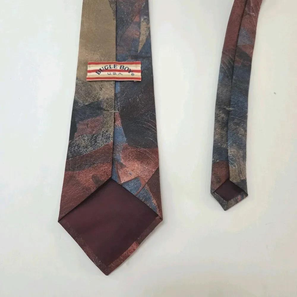 Vintage Bugle Boy Tie Mens Abstract Geometric Burgundy Blue 90s Made in USA